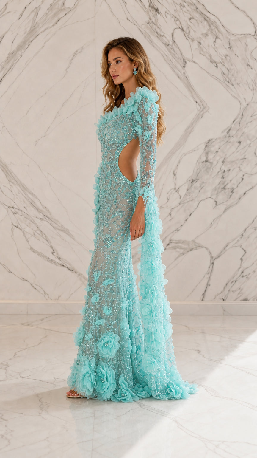 Side profile view of light blue cutout sequin gown