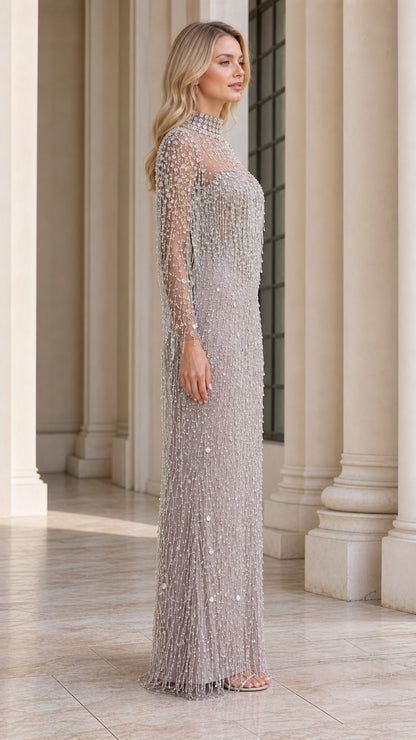 Side profile of model in silver grey floor length formal dress