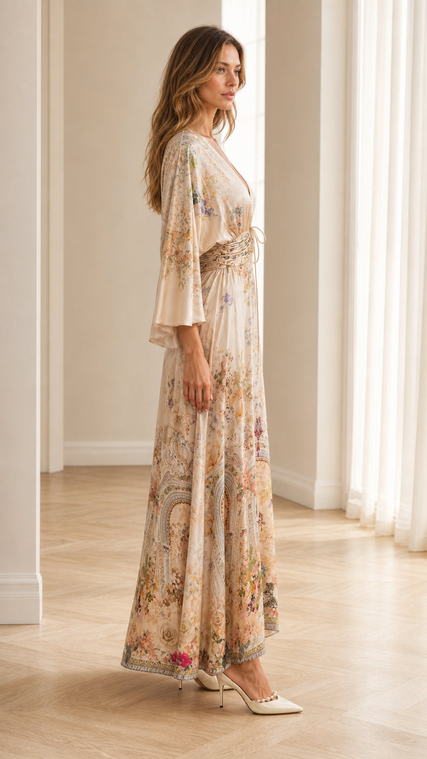 Side profile view of champagne floral maxi dress