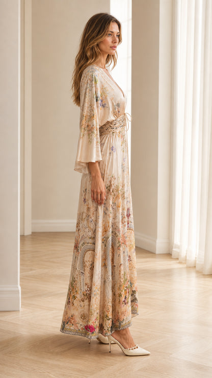Side profile view of champagne floral maxi dress