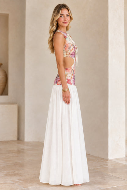 Side profile view of White floral cutout maxi dress
