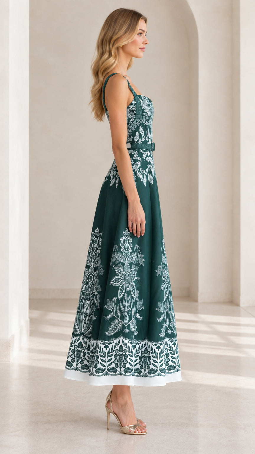 Emerald Green floral print midi dress side view showing silhouette and belt
