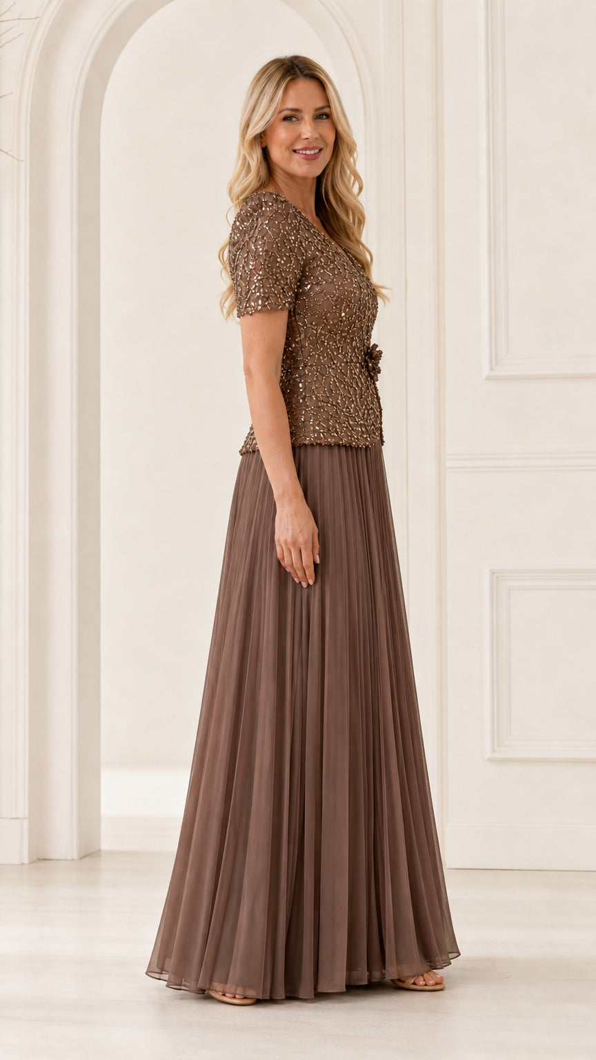 Side view of woman in mocha brown sequin short sleeve formal evening dress