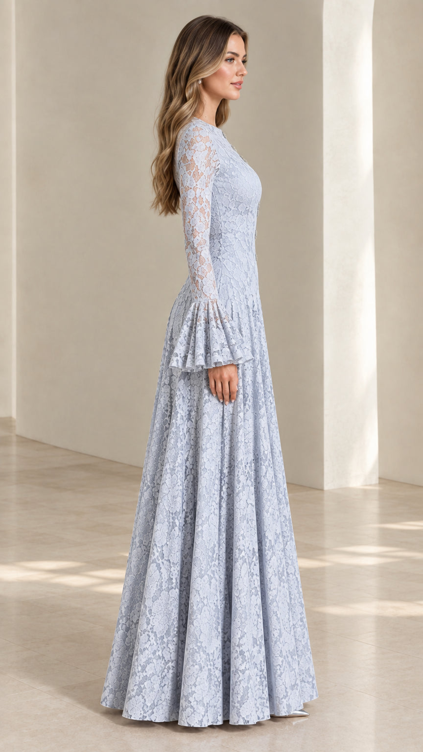 Side profile view of the Dusty Blue formal lace evening dress