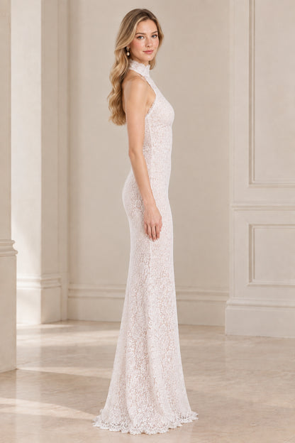 Side profile of white halter lace evening gown
