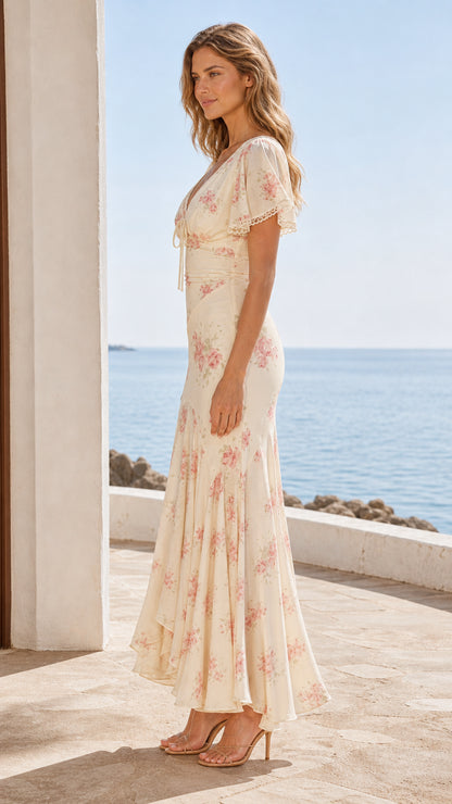 Side profile view of cream floral maxi dress