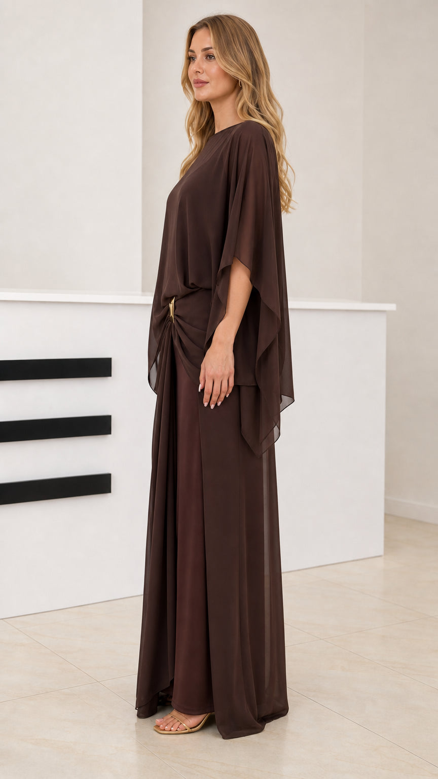 Side profile view of Coffee Brown draped capelet formal maxi gown