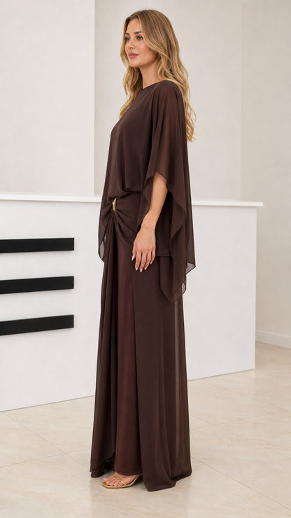 Side profile view of Coffee Brown draped capelet formal maxi gown
