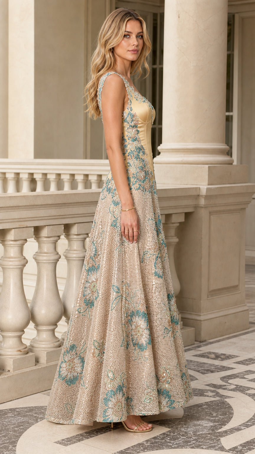 Three-quarter profile view of Champagne A-line embroidered formal maxi dress