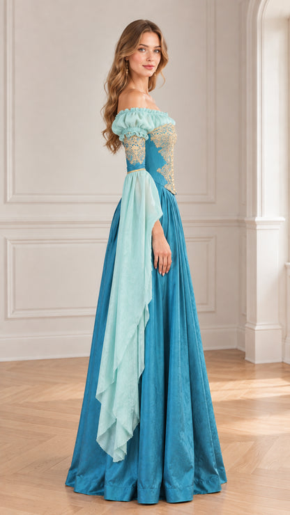 Side profile view of woman modeling blue medieval gown with flowing chiffon sleeves