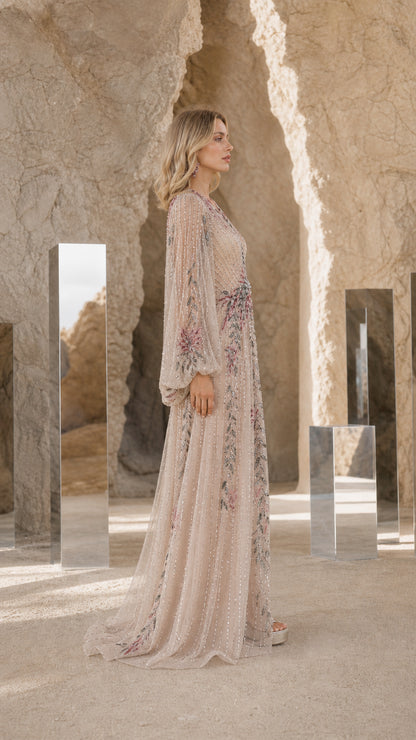 Side profile view of Champagne evening gown