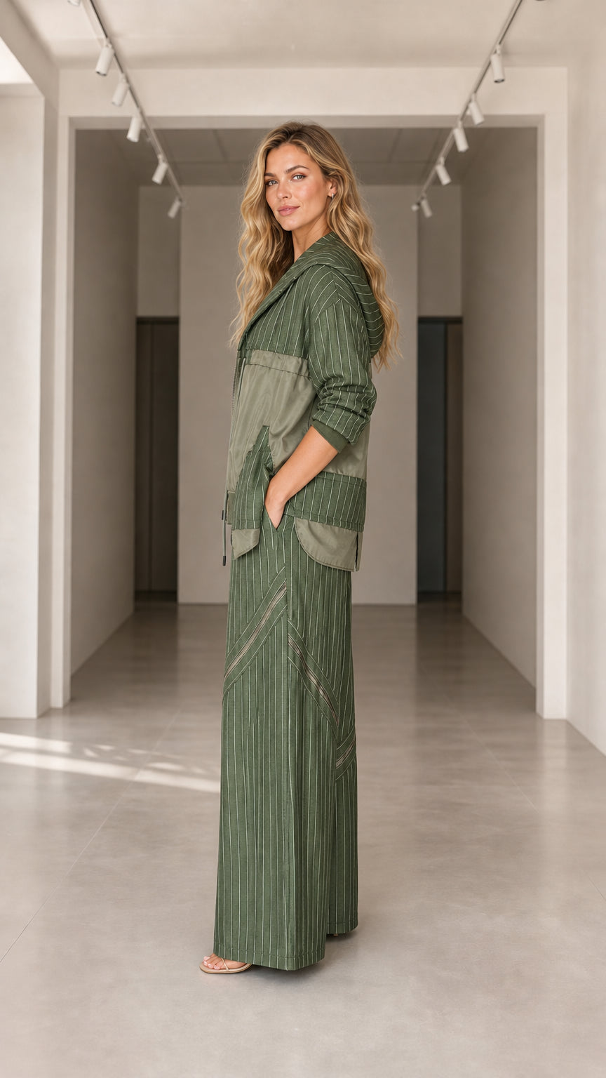 Side profile view of model wearing olive green pinstripe matching pants set