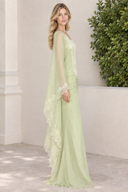 Side view of Sage Green formal dress with flowing draped sleeves