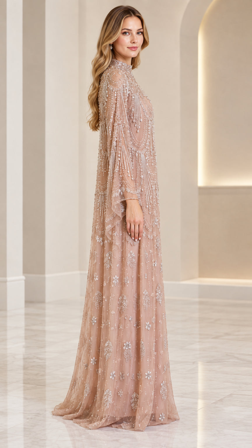 Champagne beaded floor-length formal dress side profile view
