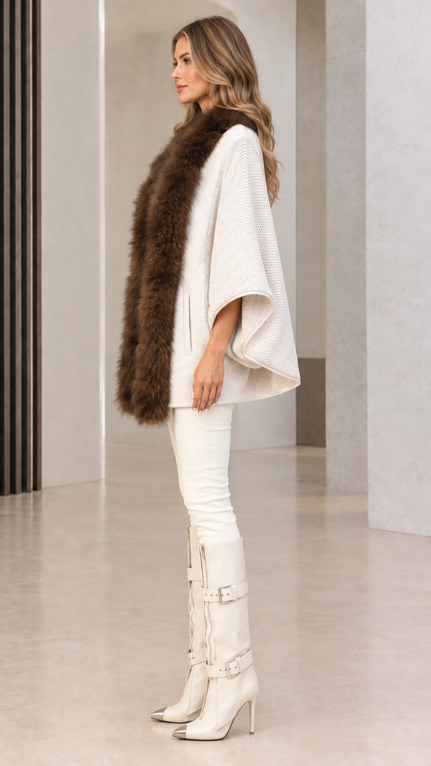 Side profile of off-white faux fur trim knit poncho wrap cardigan