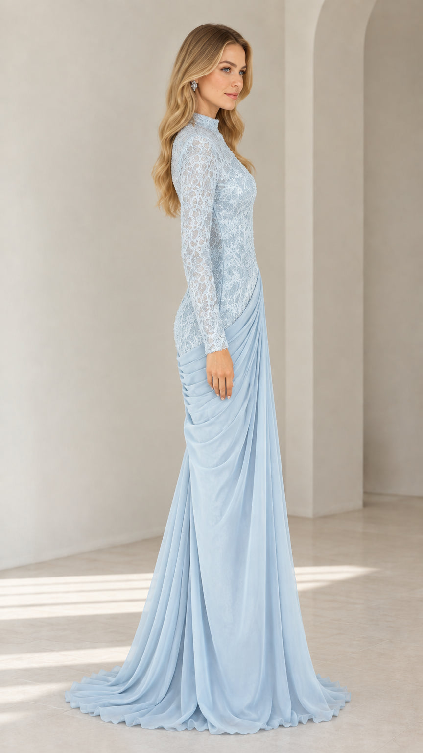 Side view of light blue lace bodice long sleeve maxi dress showing draped skirt silhouette