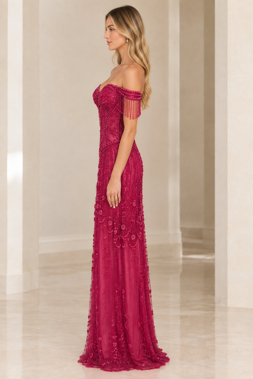 Magenta beaded formal maxi dress side angle view