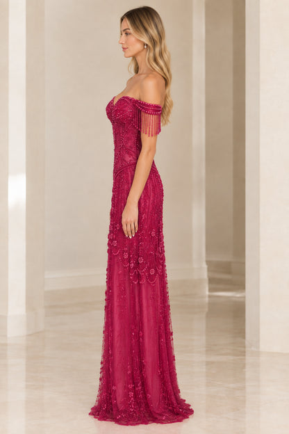 Magenta beaded formal maxi dress side angle view