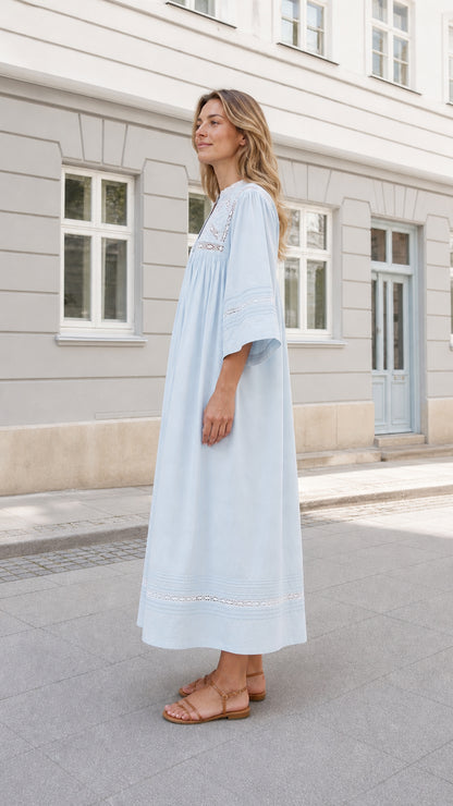 Side profile of woman in Light Blue boho maxi dress with 3/4 sleeves