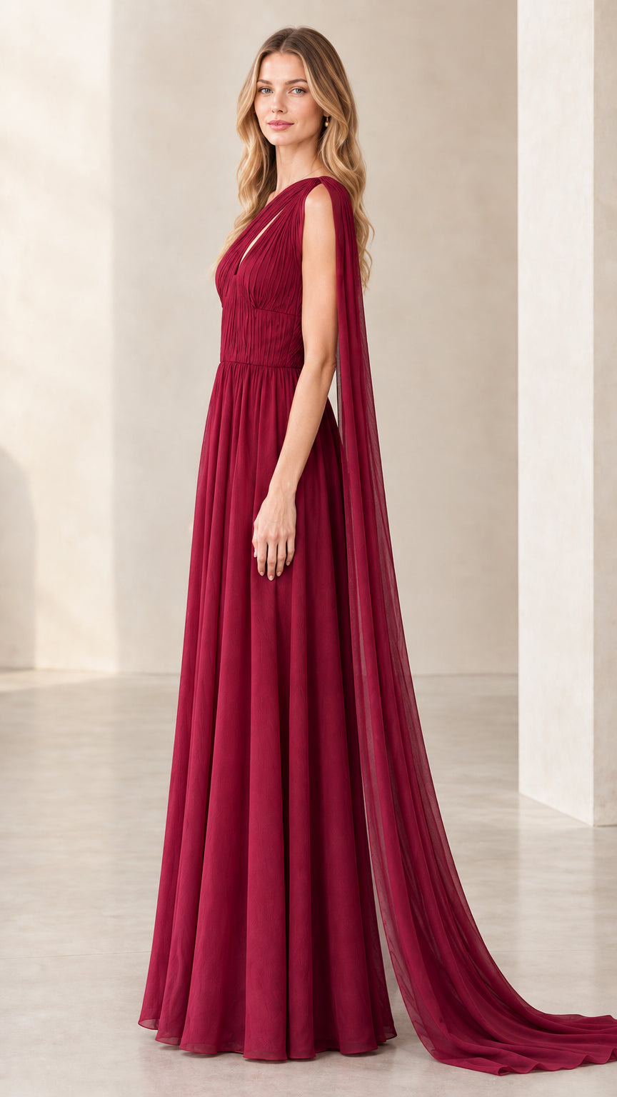 Burgundy asymmetrical cape formal dress side angle showing floor-length drape
