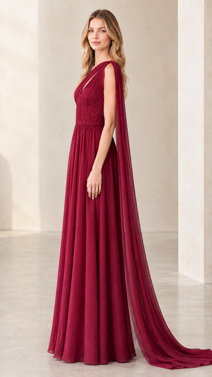 Burgundy asymmetrical cape formal dress side angle showing floor-length drape
