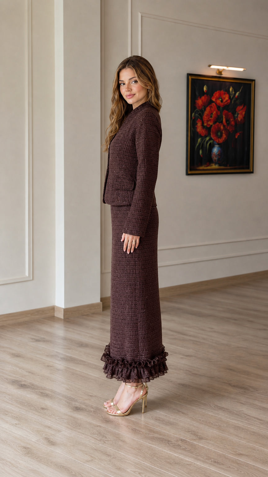 Side profile view of chocolate brown tweed skirt suit set