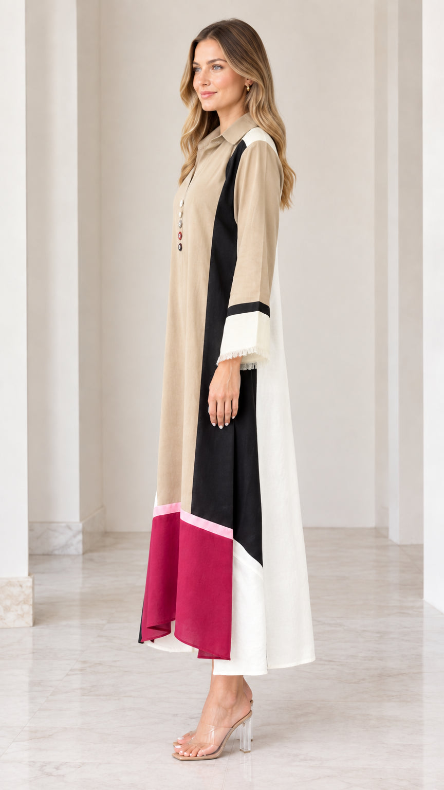 Side profile view of model in Khaki geometric color block shirt dress