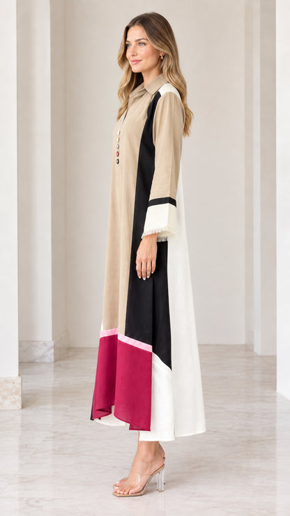 Side profile view of model in Khaki geometric color block shirt dress