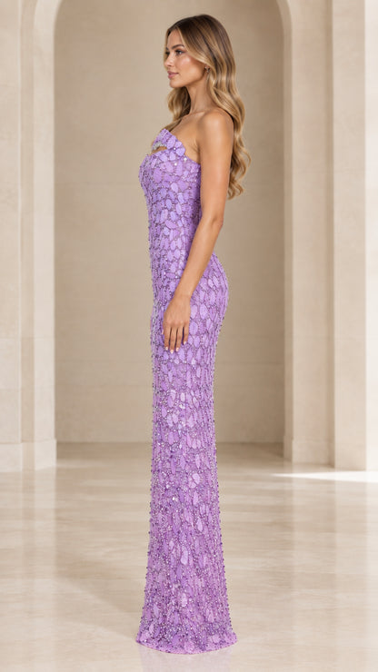 Side profile view of Lavender embellished column gown showing sleek silhouette