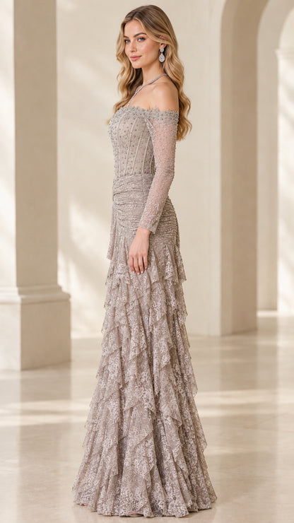 Taupe beaded off-the-shoulder long sleeve lace formal maxi dress - Side angle view