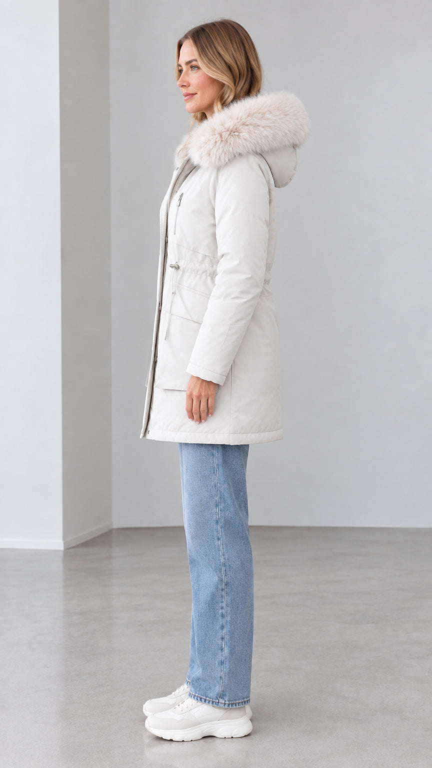 Side profile view of women's off-white hooded winter parka jacket