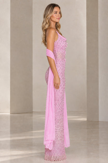 Pink sparkling formal maxi dress with spaghetti straps side profile