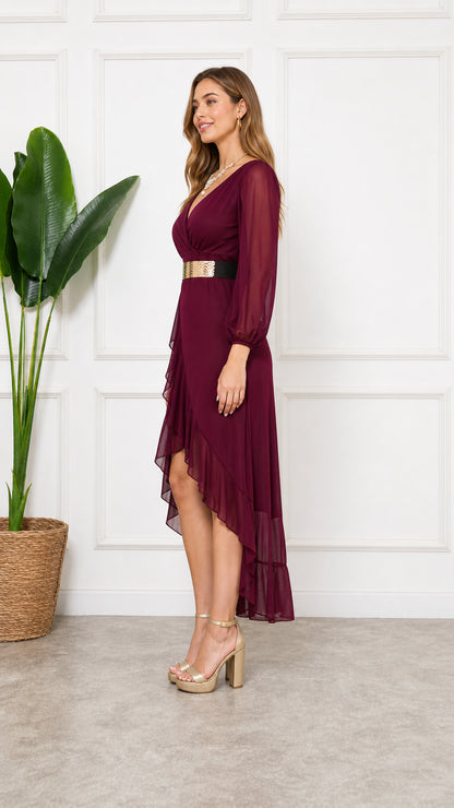 Burgundy high-low wrap chiffon party dress 3/4 angle view