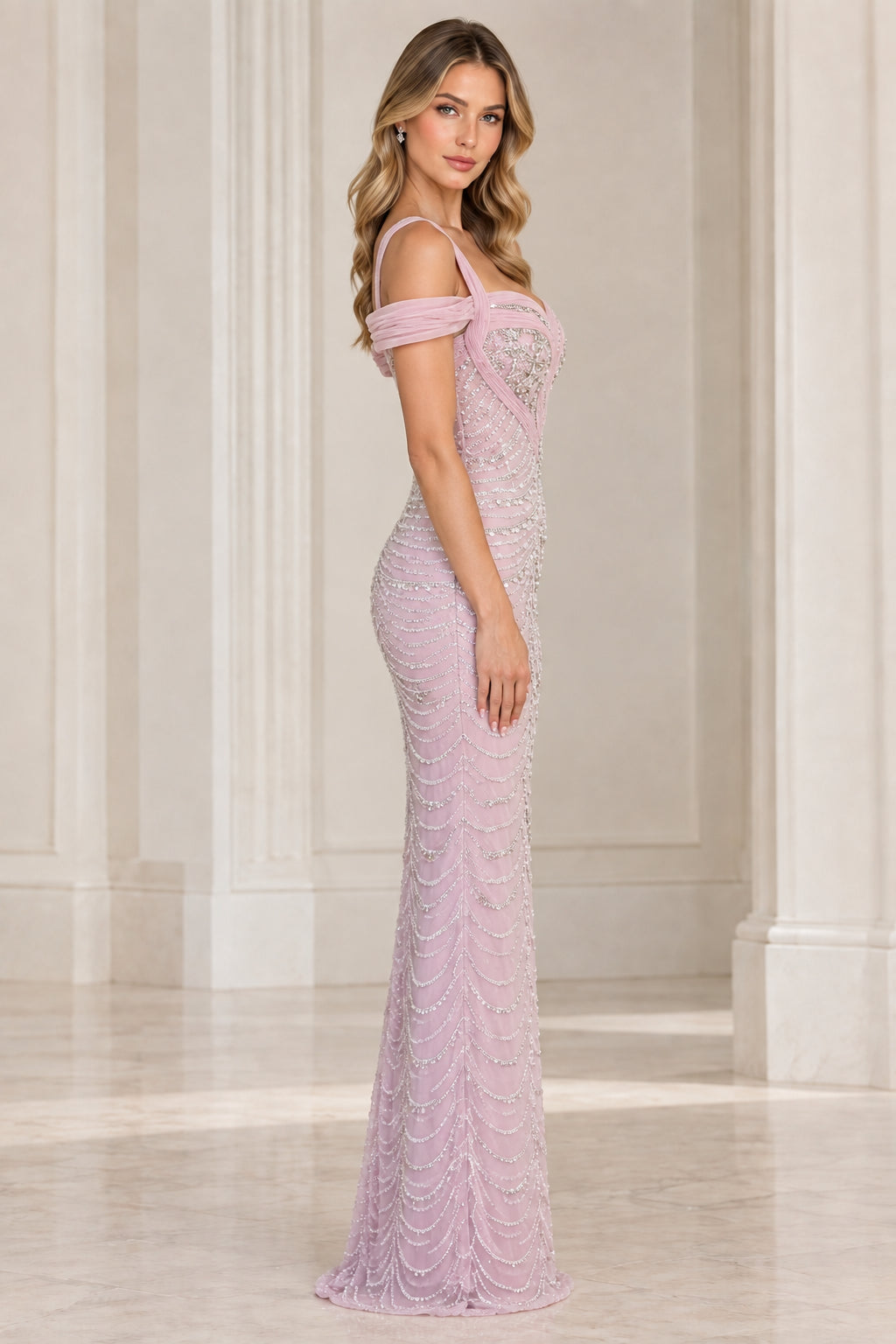 Side profile view of lavender beaded floor-length column gown