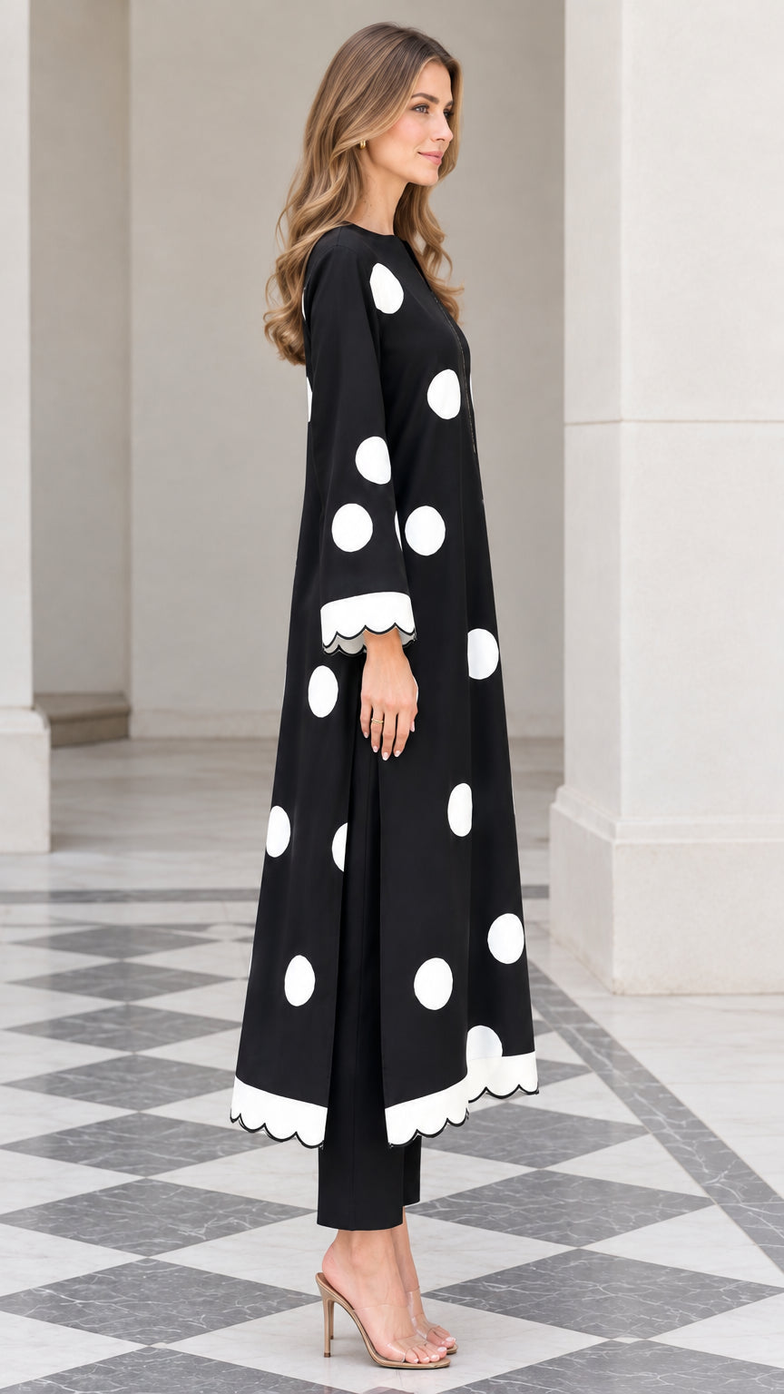 Side profile of model wearing Black polka dot longline tunic and matching trousers