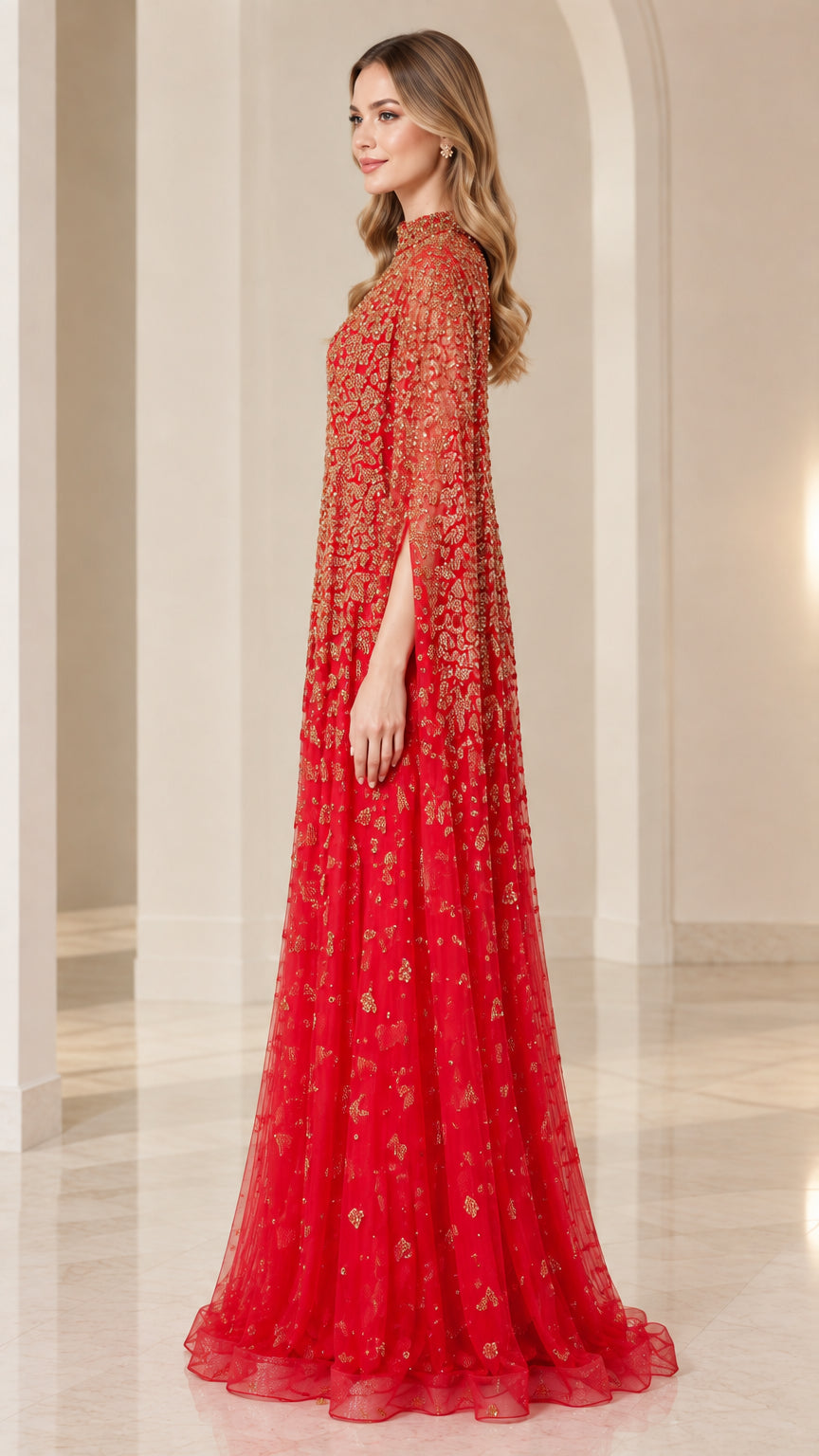Side profile of model wearing red cape sleeve embellished evening dress