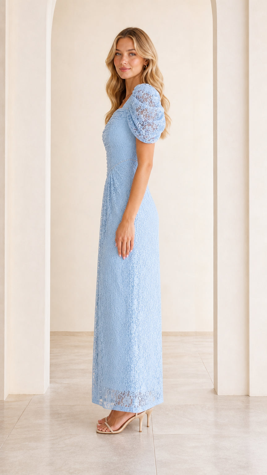 Light Blue lace formal maxi gown side profile view