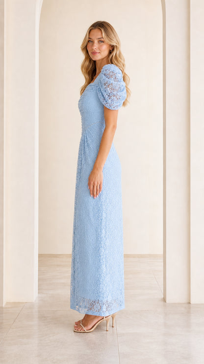 Light Blue lace formal maxi gown side profile view