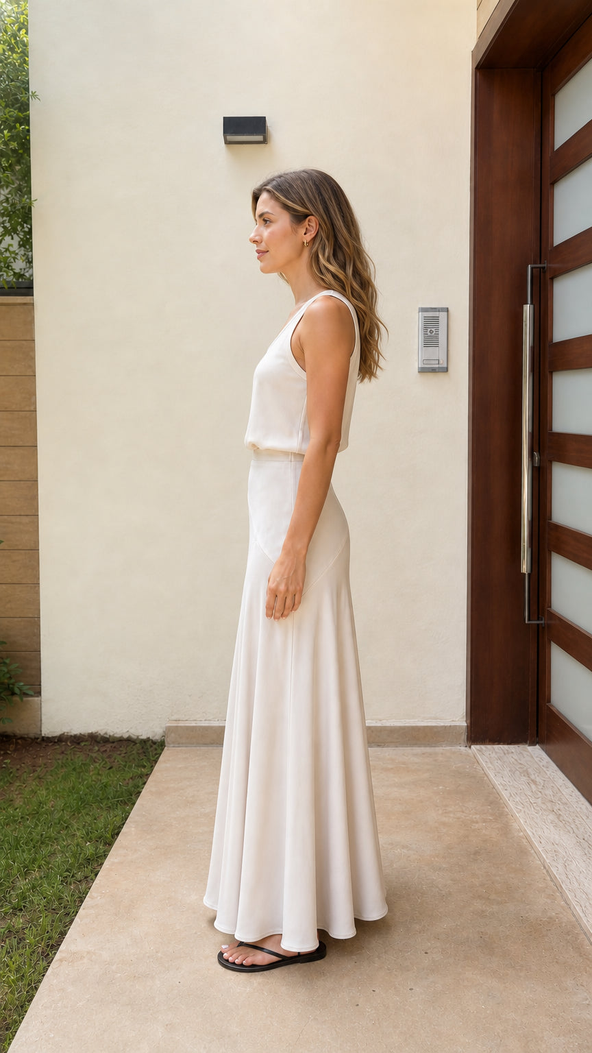 Side view of woman wearing ivory flowy sleeveless maxi dress