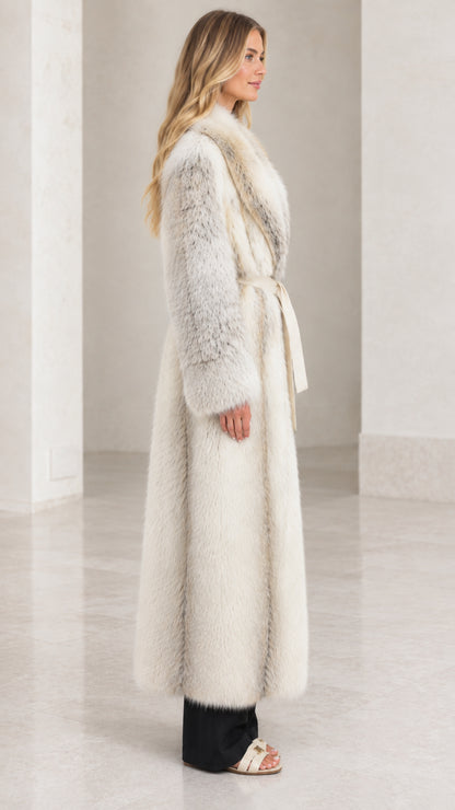 Side full-length view of woman in Ivory Frost long faux fur coat