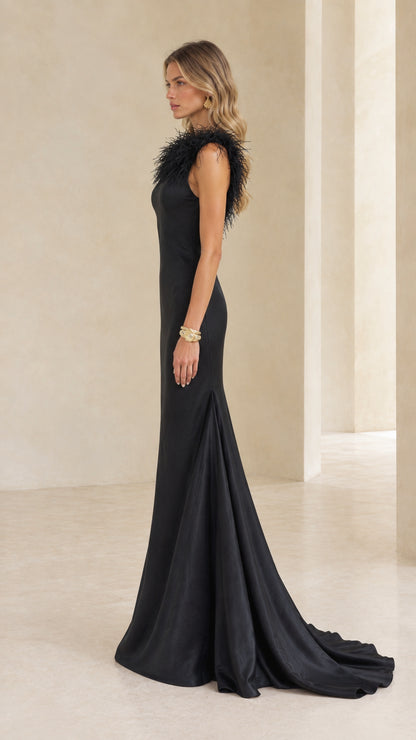 Black feather detail open back mermaid formal gown side profile view