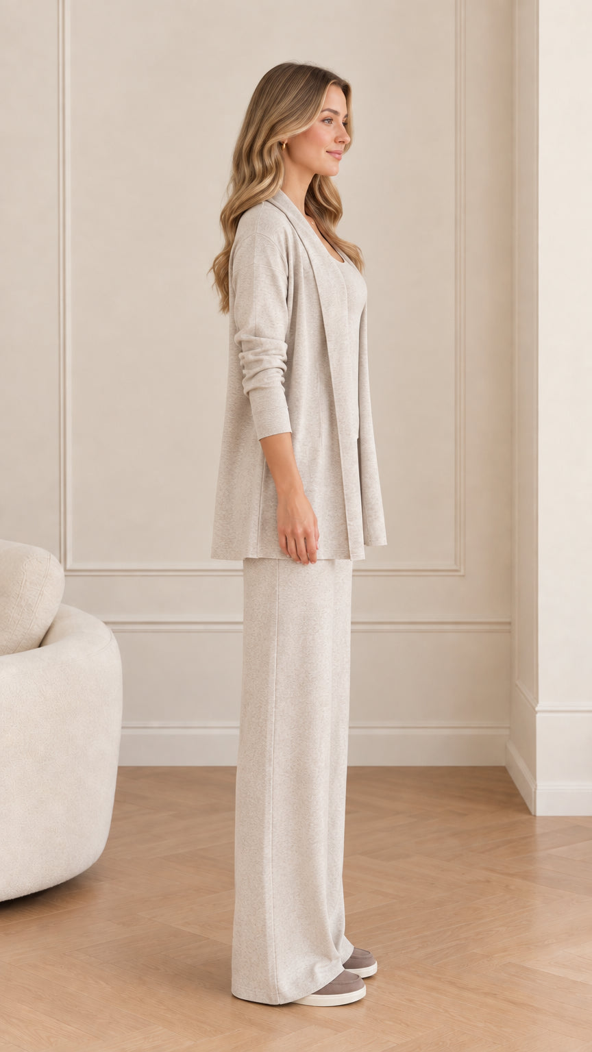 Side profile of woman wearing Oatmeal 3-piece knit lounge set