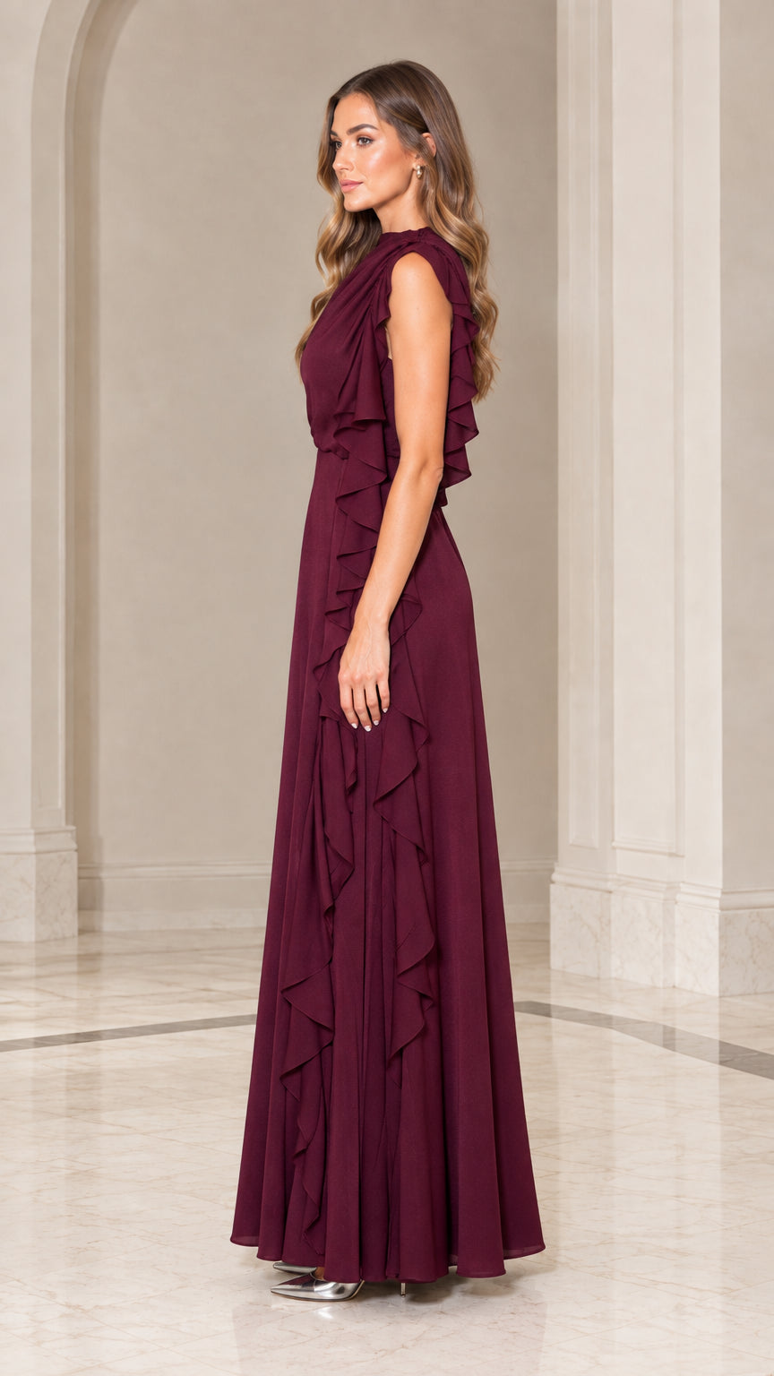Burgundy floor length formal dress with side ruffle profile view