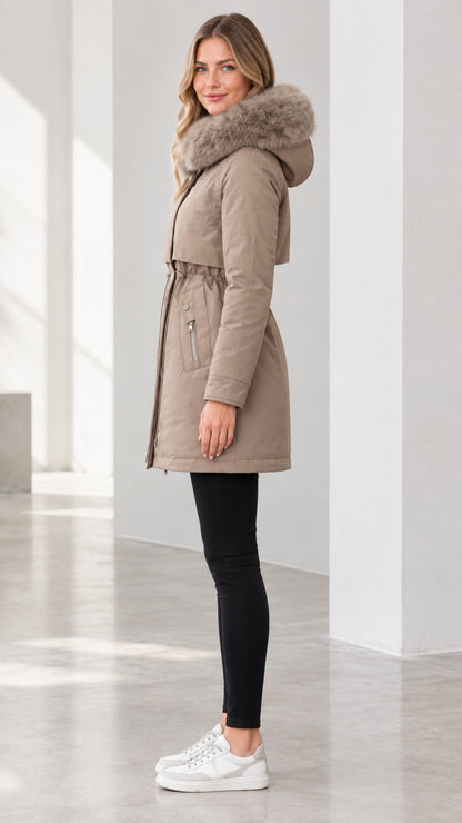 Side profile view of model wearing mid-length taupe hooded parka jacket