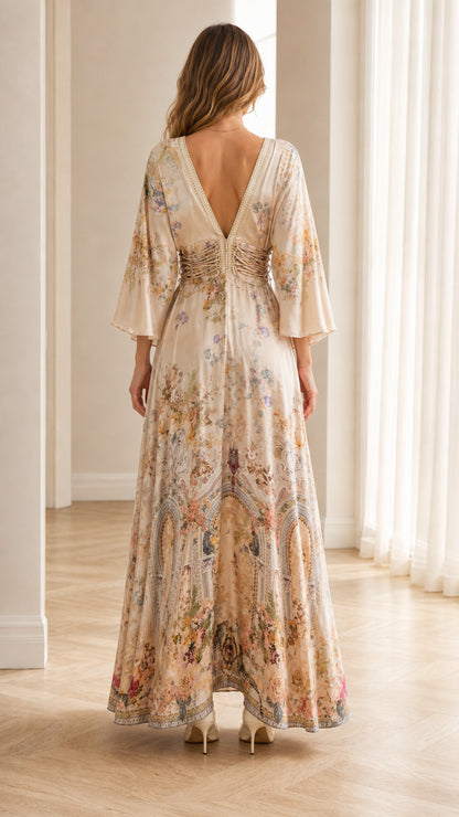 Back view of champagne floral maxi dress