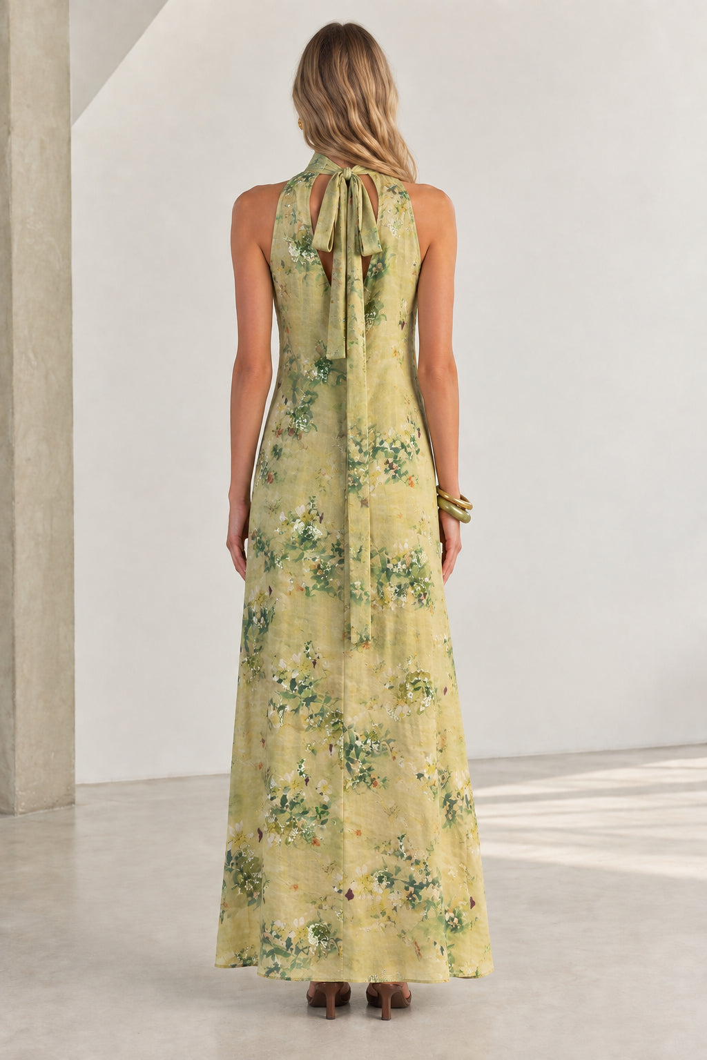 Back view highlighting the elegant necktie bow detail on Sage Green maxi dress