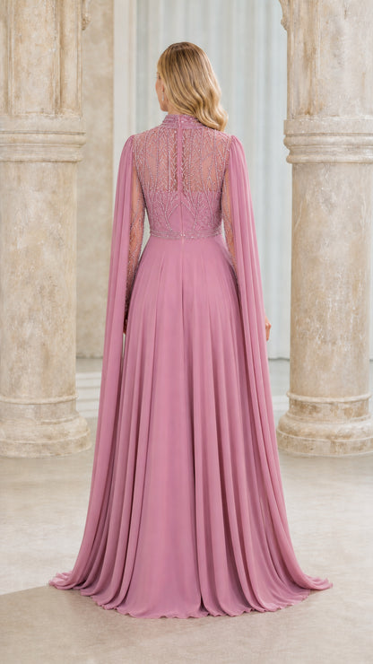 Back view of mauve evening dress showing cape detail