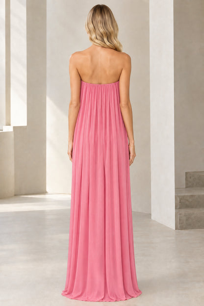 Back view of strapless floor-length evening gown in rose pink