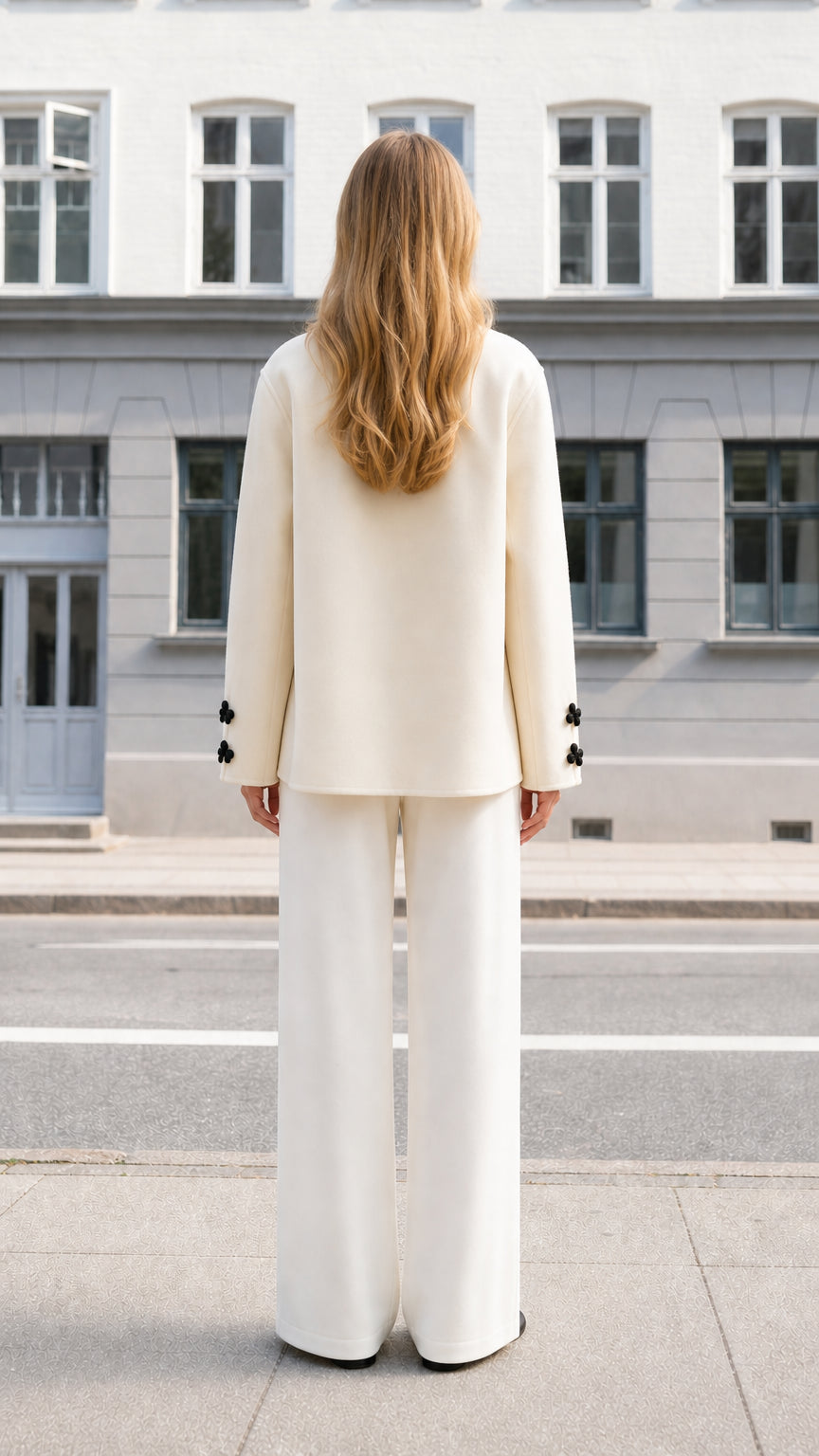 Back view of woman wearing off-white collarless structured jacket