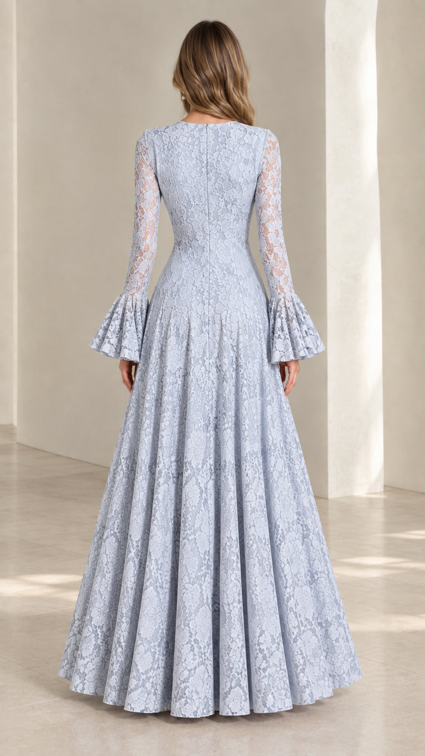 Back view of the Dusty Blue floor-length lace gown with flared sleeves